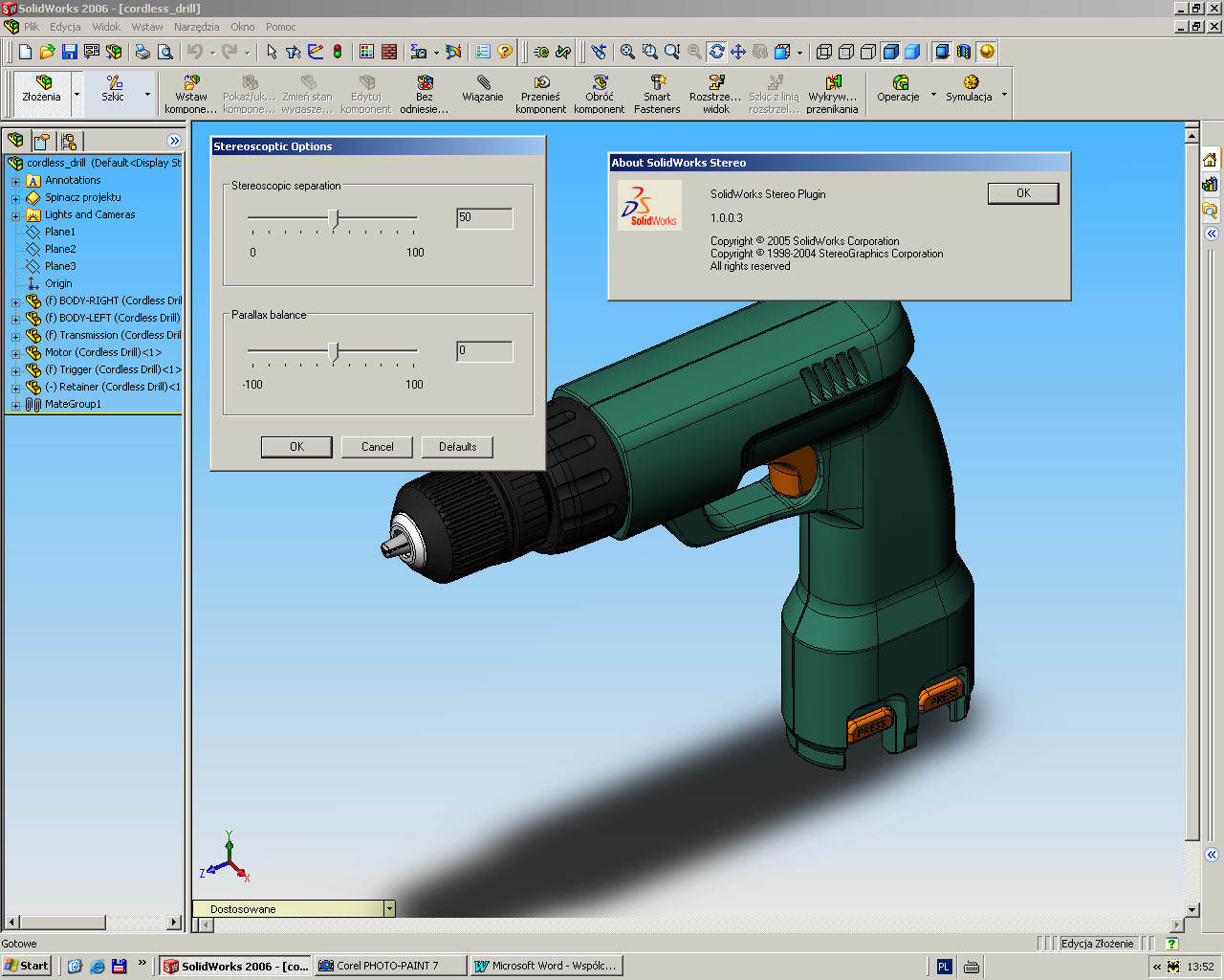 Opcje służące do ustawiania trybu stereo w SolidWorks