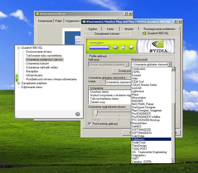 Zakładka sterownika karty NVIDIA Quadro®